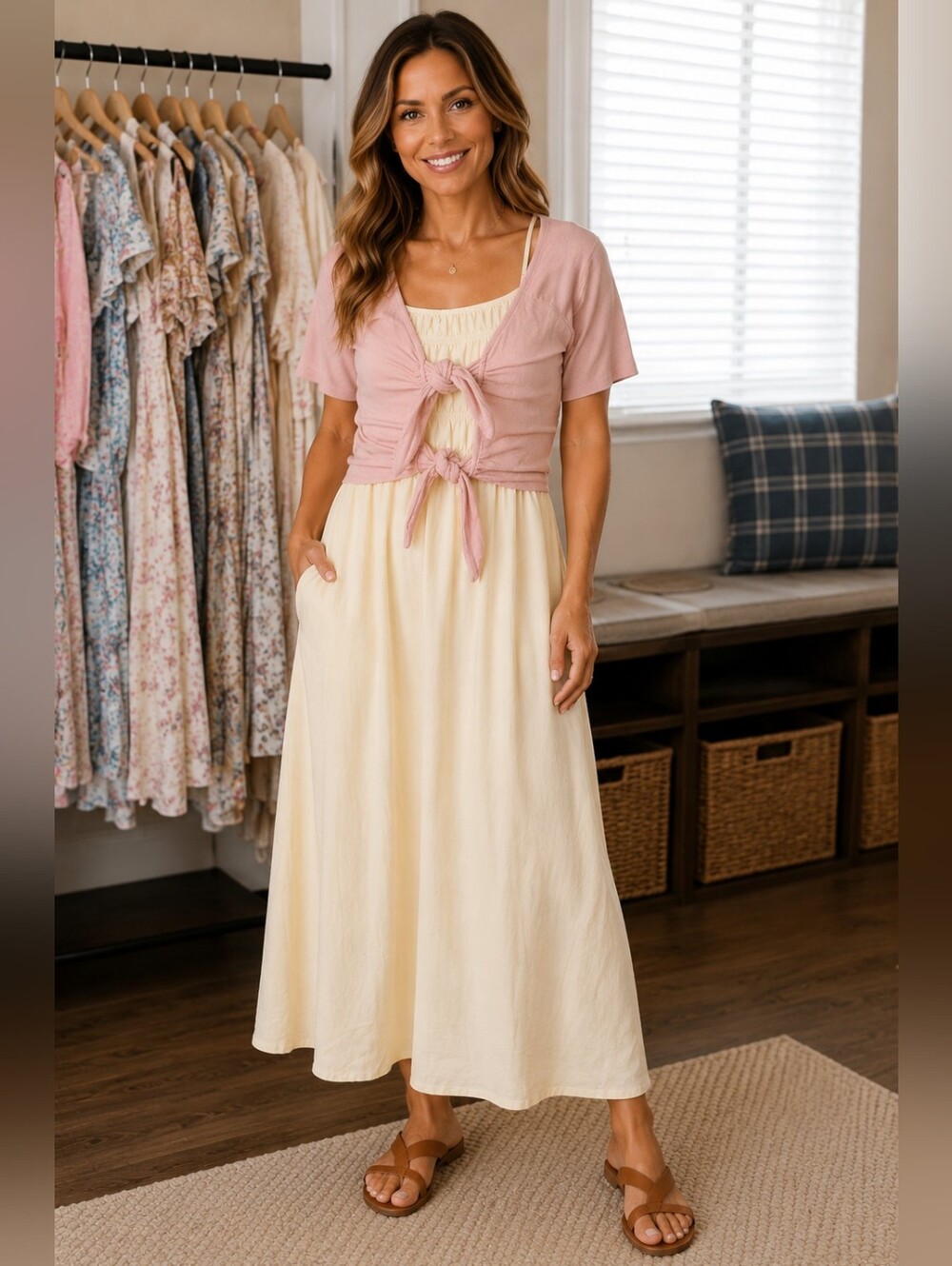 Grade & Gather Cotton Yellow Maxi Ruched M - Picture 2 of 6